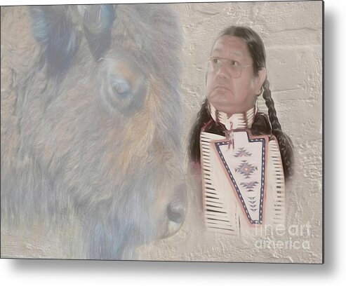 American Indian Metal Print featuring the photograph American Indian and Buffalo by Dyle Warren