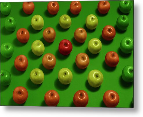 In A Row Metal Print featuring the photograph Apples On Green Background by Biwa Studio