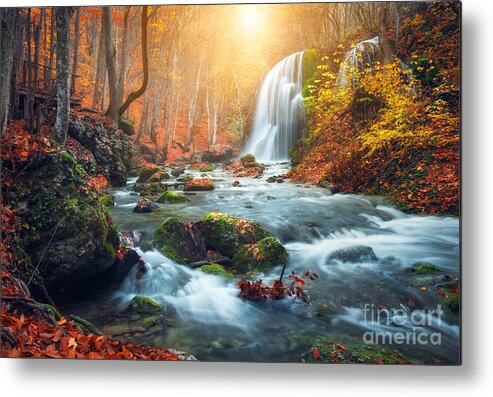Beauty Metal Print featuring the photograph Beautiful Waterfall At Mountain River by Denis Belitsky