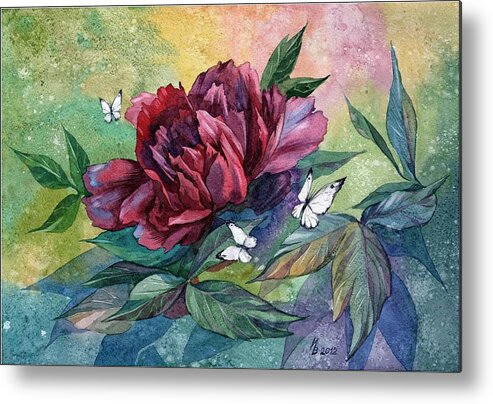 Russian Artists New Wave Metal Print featuring the painting Black Peony Flower and Butterflies by Ina Petrashkevich