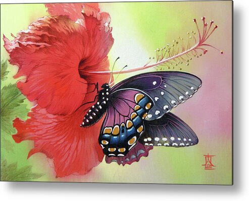 Russian Artists New Wave Metal Print featuring the painting Black Swallowtail on Red Hibiscus by Alina Oseeva