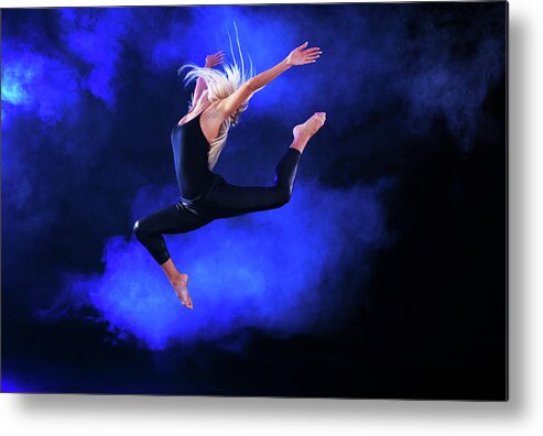 Ballet Dancer Metal Print featuring the photograph Blonde Woman Is Jumping Through The Fog by Skynesher