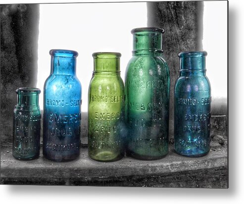 Bromo Seltzer Vintage Glass Bottles Metal Print featuring the photograph Bromo Seltzer Vintage Glass Bottles Collection - Rare Green And Blue #8 by Marianna Mills