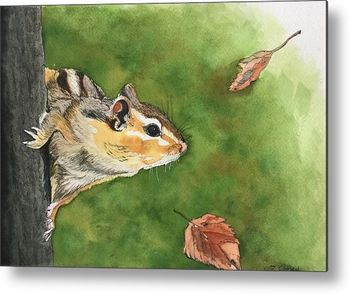 Chipmunk Metal Print featuring the mixed media Clinging On To Fall by Sonja Jones