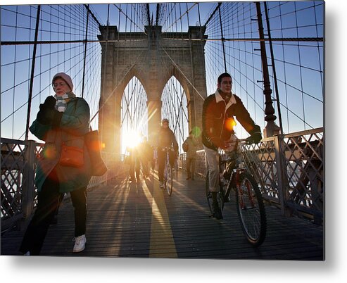 Suspension Bridge Metal Print featuring the photograph Commuters Walk And Ride Bicycles Across by New York Daily News Archive