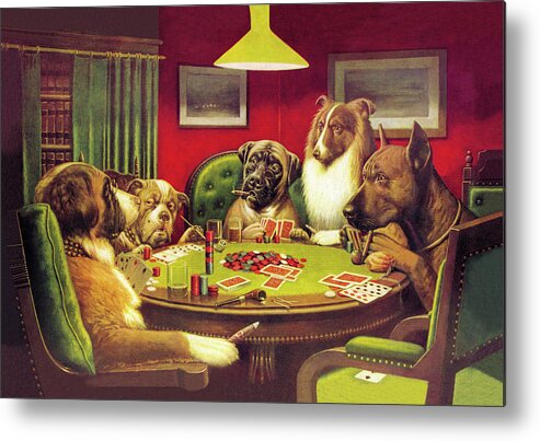 Poker Metal Print featuring the painting Dog Poker - Is the St. Bernard Bluffing? by C.M. Coolidge