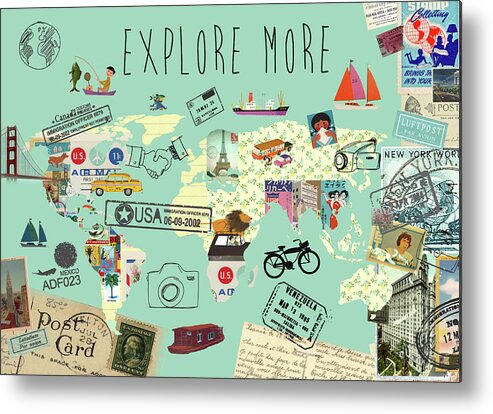 Exlore More World Map Metal Print featuring the mixed media Exlore more world map by Claudia Schoen