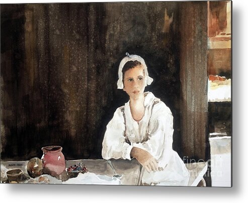 A Young Girl Dressed In A Period Costume Sits At A Table At The Jamestown Settlement. Metal Print featuring the painting Fair Maiden by Monte Toon