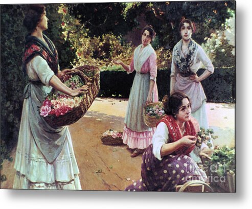 Three Quarter Length Metal Print featuring the drawing Flower Sellers Of Seville. Artist Jose by Print Collector