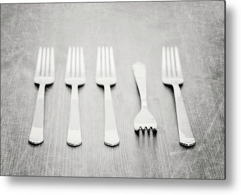 Five Objects Metal Print featuring the photograph Forks On Tabletop by Isabelle Lafrance Photography