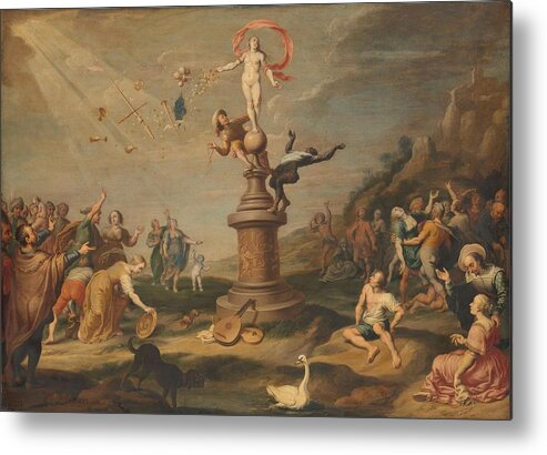 Anonymous (rejected Attribution) Metal Print featuring the painting Fortuna Distributing her Largesse. by anonymous -rejected attribution- Cornelis de Baellieur -I- -attributed to-