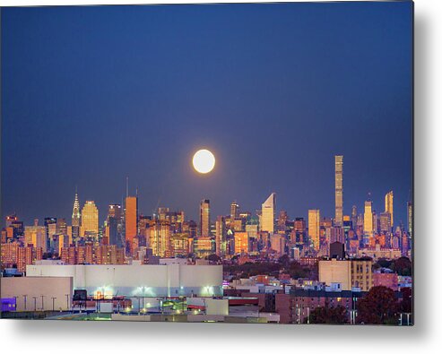 Estock Metal Print featuring the digital art Full Moon Over Midtown Manhattan, Ny by Claudia Uripos