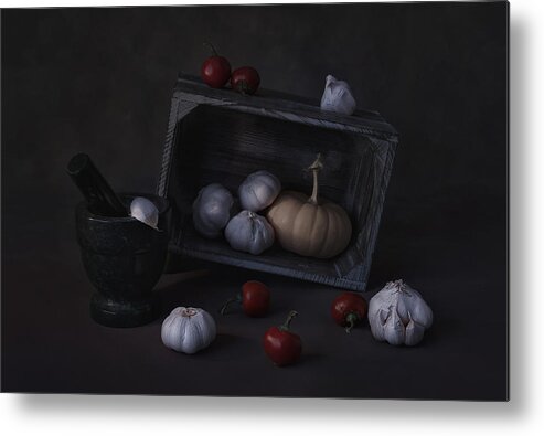 Garlic Metal Print featuring the photograph Garlic And Pepper by Lydia Jacobs