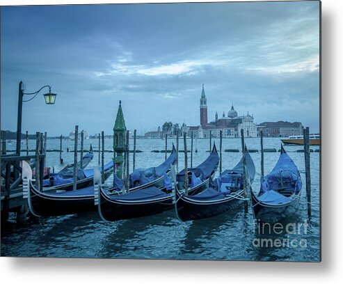 Boat Metal Print featuring the photograph Gondolas in Venice with the church San Giorgo Maggiore in the ba by Amanda Mohler
