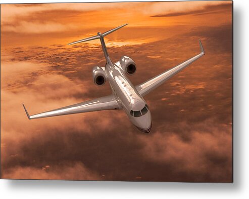 Gulfstream 550 Business Jet Metal Print featuring the digital art Gulfstream 550 Out of the Sunset by Erik Simonsen