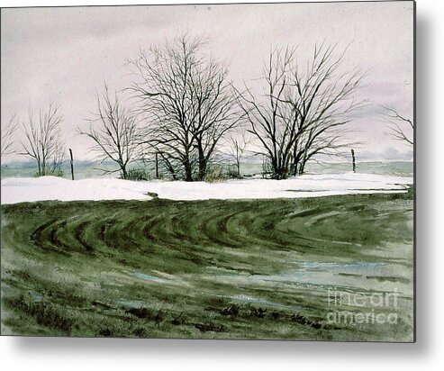 A Snow Bank At The Edge Of A Field Piles Up Against A Hedge Row. Metal Print featuring the painting Hedge Row by Monte Toon