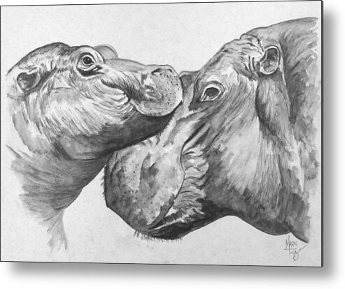 Hippo Metal Print featuring the painting Hippo Love Black and White by Mark Ray