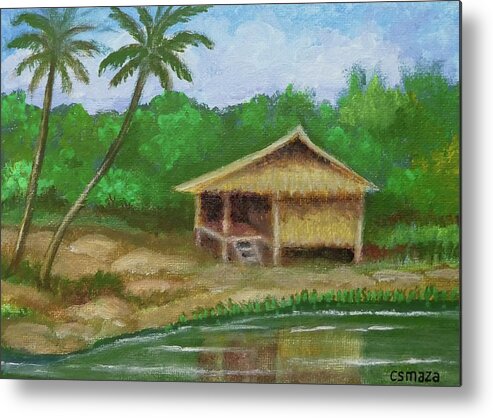 Hut Metal Print featuring the painting Hut by the River by Cyril Maza