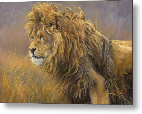 Lion Metal Print featuring the painting Interested Gaze by Lucie Bilodeau