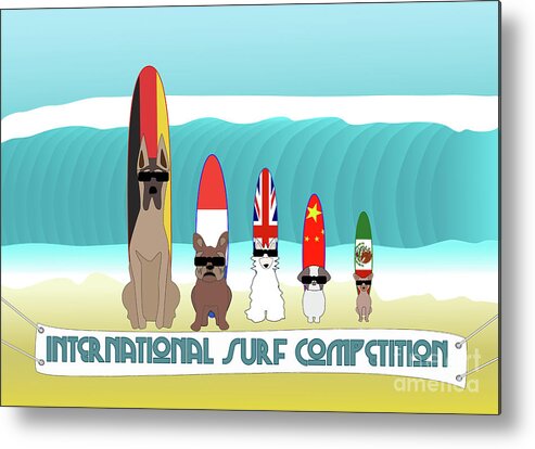 Surf Metal Print featuring the digital art Funny International Surf Dog Competition by Barefoot Bodeez Art