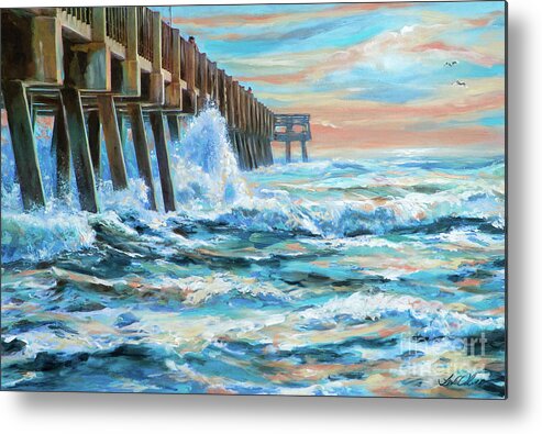 Ocean Metal Print featuring the painting Jacksonville Pier Sunrise by Linda Olsen
