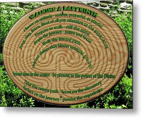 Labyrinth Metal Print featuring the photograph Labyrinth Sign in the Gardens of Calvary Presbyterian Church by Linda Stern