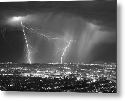 Sky Metal Print featuring the photograph Lightning Strike The City by Jay Wang