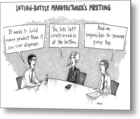 Lotion Bottle Manufacturers' Meeting Metal Print featuring the drawing Lotion-Bottle Manufacturers Meeting by Teresa Burns Parkhurst
