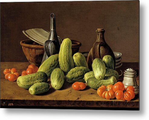 Luis Egidio Melendez Metal Print featuring the painting Luis Egidio Melendez / 'Still Life with Cucumbers, Tomatoes, and Kitchen Utensils', 1774. by Luis Melendez -1716-1780-