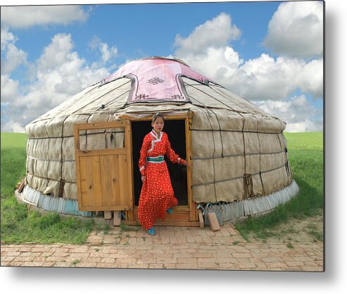 Chinese Culture Metal Print featuring the photograph Mongolian Girl Stepping Out Of Her Yurt by Nancy Brown