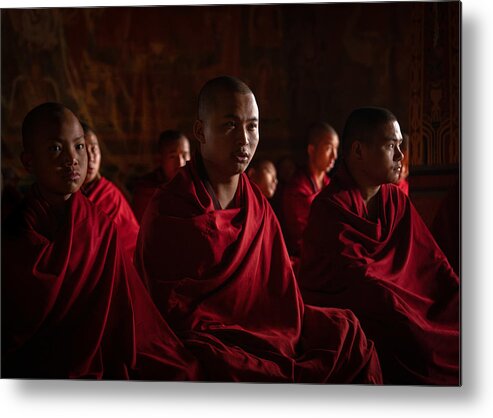 Chorten Metal Print featuring the photograph Morning Devotion: Illuminated Prayers At Chorten Ningpo Monastery, Bhutan by Rudy Mareel