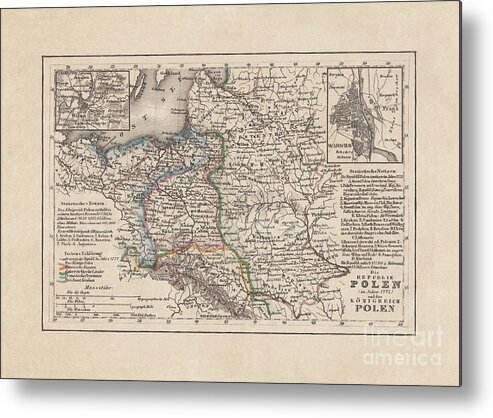 Engraving Metal Print featuring the digital art Old Map Of Poland, Steel Engraving by Zu 09