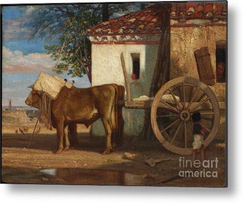Ox Cart Metal Print featuring the drawing Oxen Before A Farmhouse At Le Verrier by Heritage Images