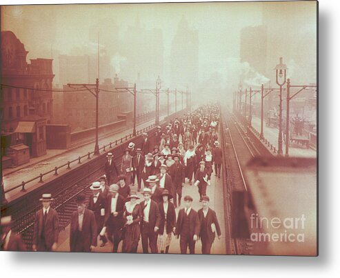 Employment And Labor Metal Print featuring the photograph People Crowd Walkway On Brooklyn Bridge by Bettmann