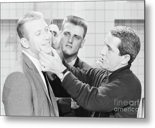 Singer Metal Print featuring the photograph Perry Como Takes Razor To Mickey Mantle by Bettmann
