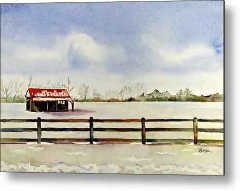 Barn Metal Print featuring the painting Red-roofed Barn on a Snowy Day by Beth Fontenot
