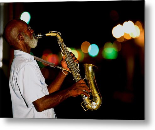 One Man Only Metal Print featuring the photograph Saxophonist On Street At Night, New by Siegfried Layda