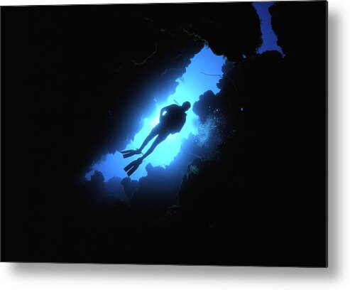 Underwater Metal Print featuring the photograph Scuba Diver Descends Through Chimney In by Stephen Frink