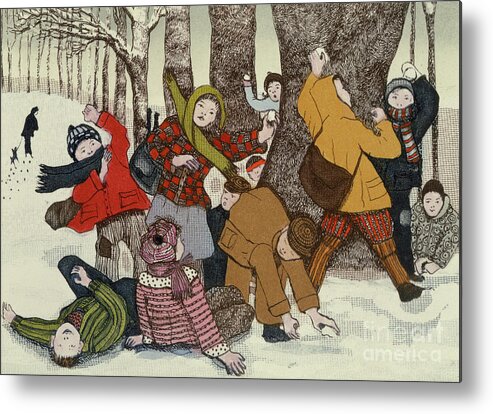 Child Metal Print featuring the painting Snowballing by Gillian Lawson