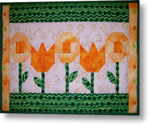Art Quilt Metal Print featuring the tapestry - textile Spring Flowers by Pam Geisel