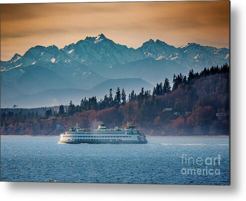 Seattle Metal Print featuring the photograph State Ferry and the Olympics by Inge Johnsson