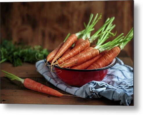 Carrot Metal Print featuring the photograph Still Life with fresh Carrots by Nailia Schwarz