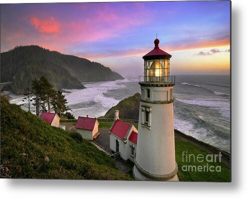 Oregon Metal Print featuring the photograph Sunset at Heceta Head Lighthouse on Oregon Coast by Tom Schwabel