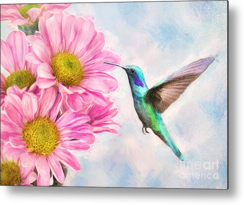 Hummingbird Metal Print featuring the painting Testing The Daisies by Tina LeCour
