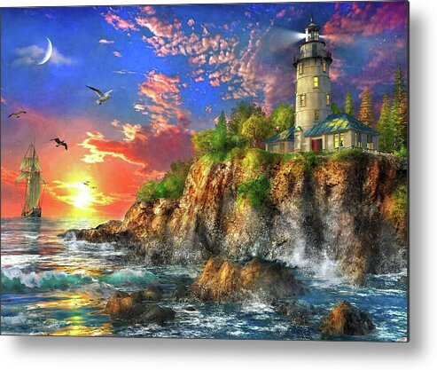 Sea Metal Print featuring the painting The Ocean Sunset Lighthouse by MGL Meiklejohn Graphics Licensing