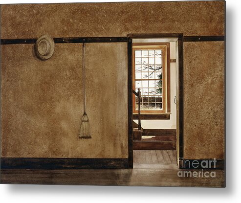 Looking Out A Window Of A Dwelling At The Hancock Shaker Village In Western Massachusetts. Metal Print featuring the painting The Outer Hall by Monte Toon
