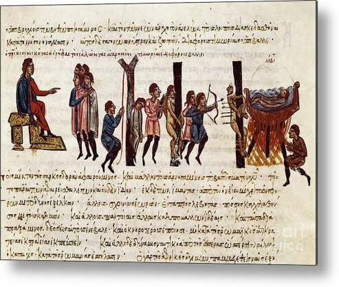 14th Century Metal Print featuring the painting The Prisoners Of The Defeated Arab-cretan And African Armies Are Executed By The Byzantines, Miniature From synopsis Historiarum Or byzantine Chronicles by Byzantine School