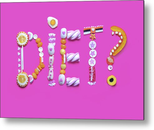 Large Group Of Objects Metal Print featuring the photograph The Word Diet Written From Gummy Candy by Paper Boat Creative