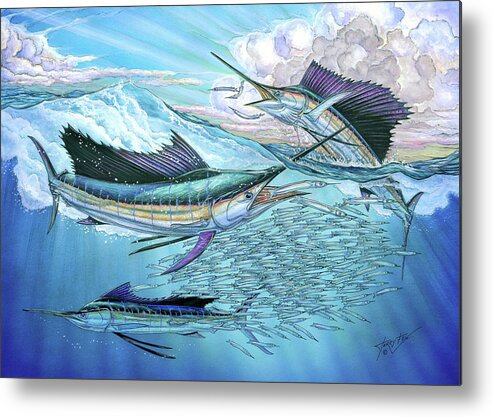 Blue Mrlin Metal Print featuring the painting Three sailfish and bait ball by Terry Fox