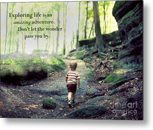 Hiking Metal Print featuring the photograph Three year old small boy child hiking alone on an uphill trail boulder strewn forest greeting card by Robert C Paulson Jr